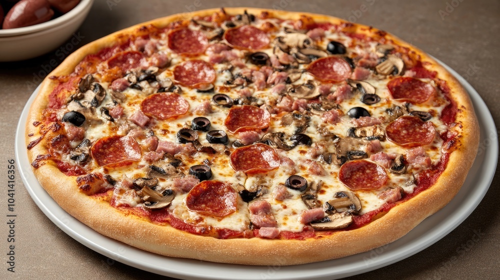 Savory pizza topped with ham salami sausage mushrooms mozzarella olives and rich tomato sauce sliced for serving Savory pizza topped with ham salami sausage mushrooms mozzarella olives and rich tomato sauce sliced for serving