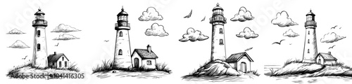 Hand drawn illustration of a seaside landscape with a lighthouse