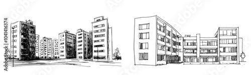 A courtyard in a residential area. Panel buildings in Saint-Petersburg. Modern illustration in black ink, isolated on a white background.