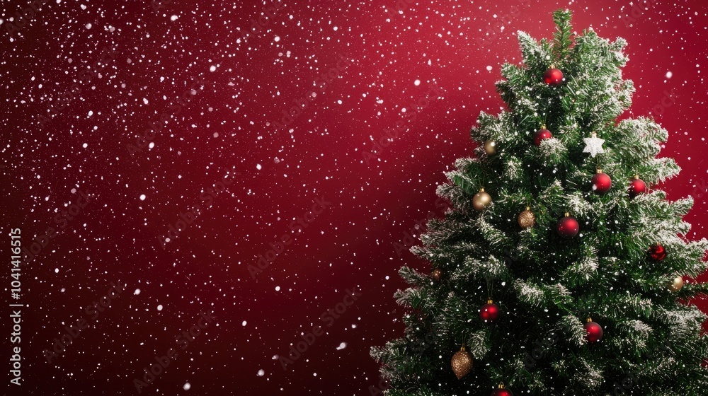 Elegantly adorned green Christmas tree against a dark red backdrop complemented by drifting snowflakes Vivid artistic composition with ample copy space