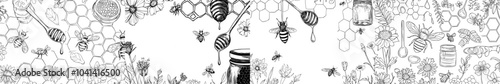 Graphite illustration, black and white. Honey, honeycombs, bees. A modern vintage drawing devoted to honey.