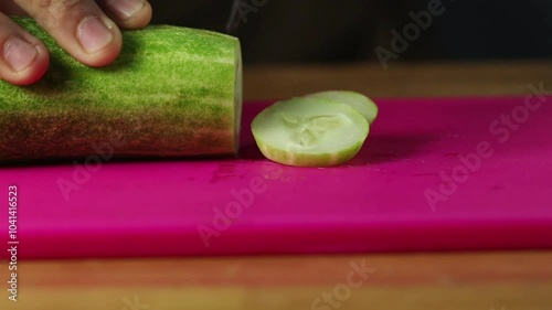 close up on cutting cucuber on the cutting board with blackbackground
 photo