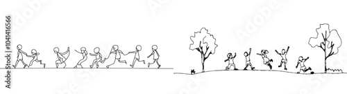 Little students group enjoying school finish in continuous line drawing