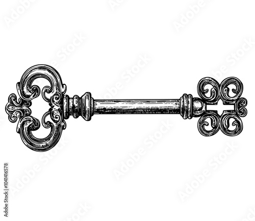 Keyhole unlocks ancient door with old etched key inside. Retro outlined contoured engraved illustration. Vintage handdrawn modern illustration isolated on white.