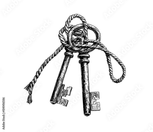 A group of antique door keys is attached to a wooden holder with twine tied around it. An engraved drawing depicts a medieval object for unlocking a door. An outlined hand-drawn modern illustration