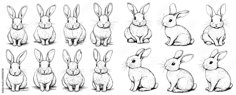 Black and white brush painting ink drawing of isolated rabbits