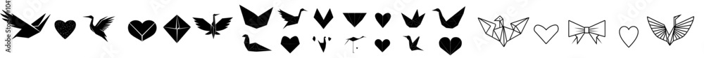 Japanese symbol set of origami cranes, frogs, and birds. Modern iconography of cranes, frogs, and birds. Japanese symbol set of origami cranes, frogs, and birds. Modern iconography of cranes, frogs, and birds.