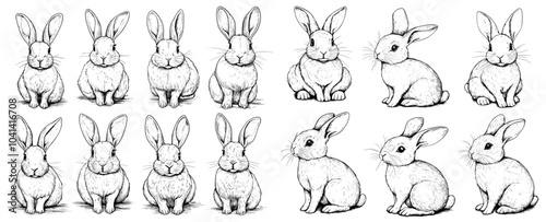 Black and white brush painting ink drawing of isolated rabbits