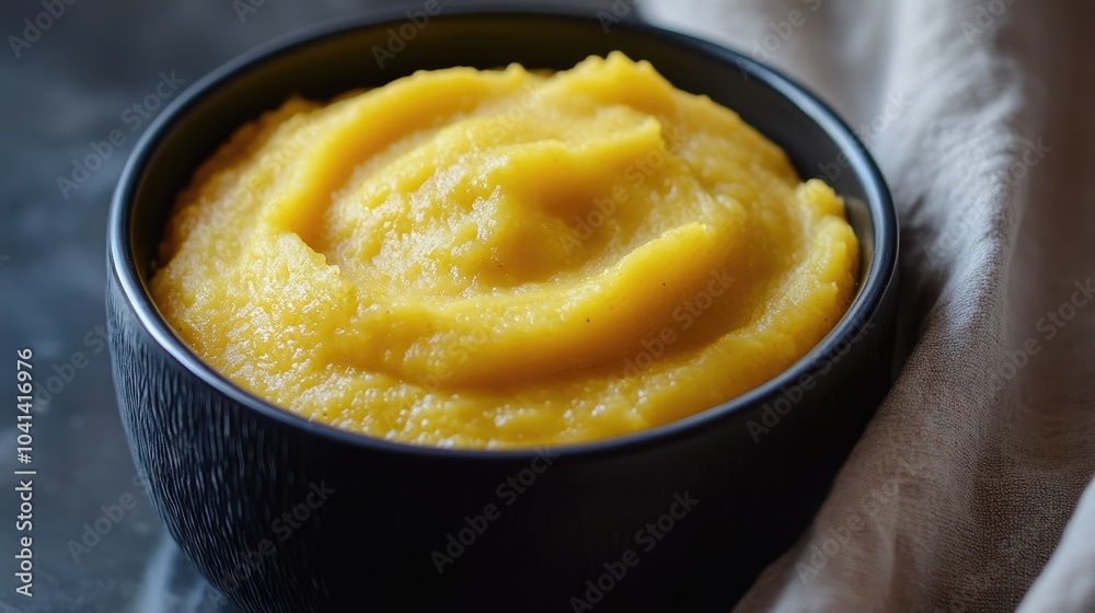 Creamy vegetarian squash puree served in a sleek black bowl Creamy vegetarian squash puree served in a sleek black bowl