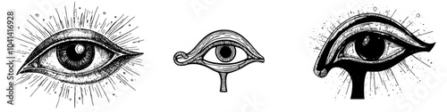 A sketch of the eye of Horus, a symbol of ancient Egypt and pharaohs, as well as a modern icon. A sign and hieroglyph from ancient Egypt, with the eye of Horus drawn in a had drawn sketch.