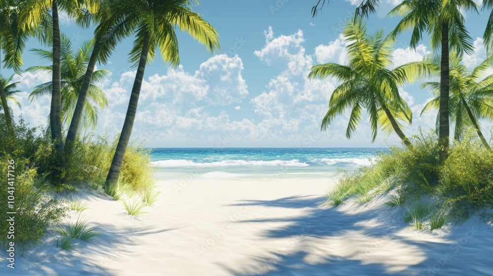 Fototapeta premium Tropical island scene featuring palm trees and pristine white sand