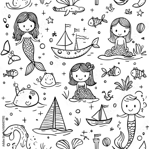 Decorative seamless pattern with funny kids and mermaids in doodle style in monochrome on white.