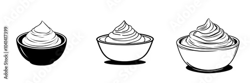 In glass cup with lid, an outline of a sauce bowl with lines and hand drawn dip for dipping barbecue food, mustard or ketchup, BBQ sauce, homemade mayonnaise, sour cream, or gourmet mousse.