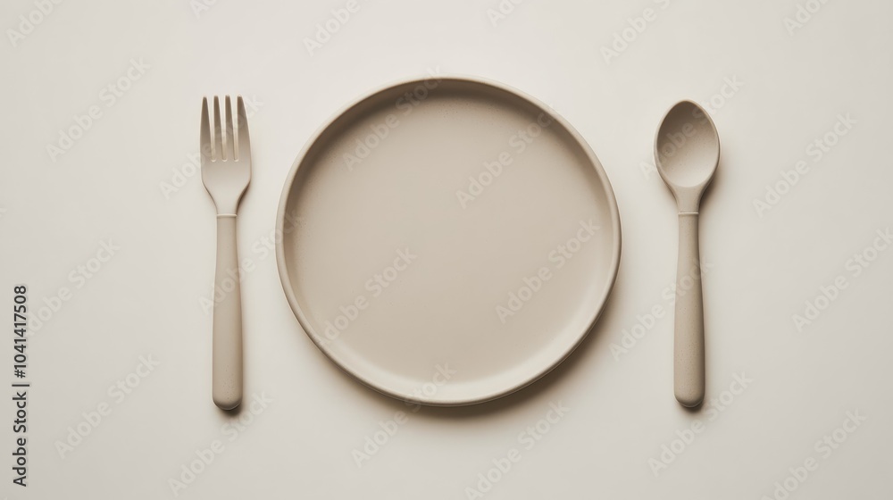 Flat lay of safe baby and toddler dishware showcasing a plate and utensils from a top view perspective Flat lay of safe baby and toddler dishware showcasing a plate and utensils from a top view perspective