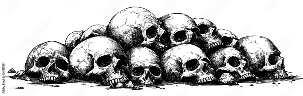 The pile of skulls represents a scary horror scene with human skulls, skeletons, and broken bones