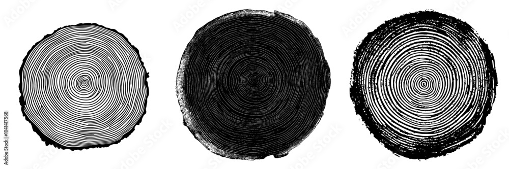 Line art sketch of green saw cut tree with spot of watercolor paint. Brush stroke. Poster in style of minimalism. Labyrinth. Circle.