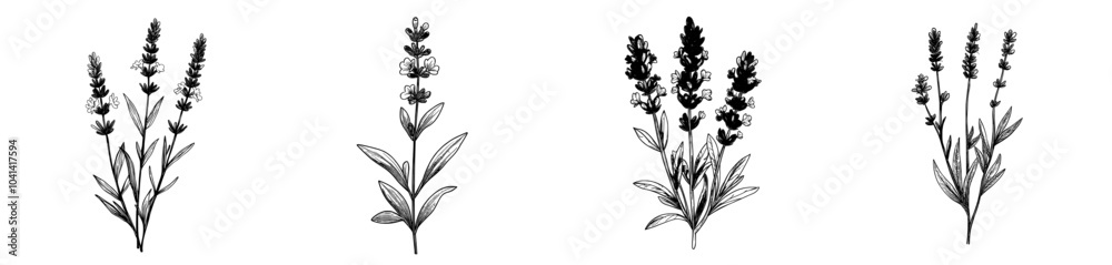 The lavender flower, outlined in a botanical floral drawing. The lavanda blossom in a field. The engraved lavendar in Provence. A vintage-drawn modern illustration isolated on a white backdrop.