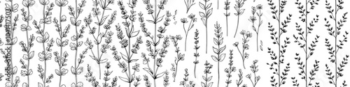 A lavendar pattern with outlines of lavender flowers and branches. Hand-drawn engraved modern illustration for decoration, textile, and garments.