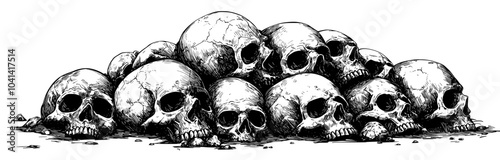 The pile of skulls represents a scary horror scene with human skulls, skeletons, and broken bones
