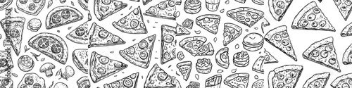 Detailed outline sketch of pizza on white background. Seamless pattern