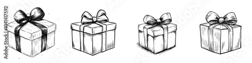 The box has different bows on it. This is an illustration drawn by hand in a modern style.