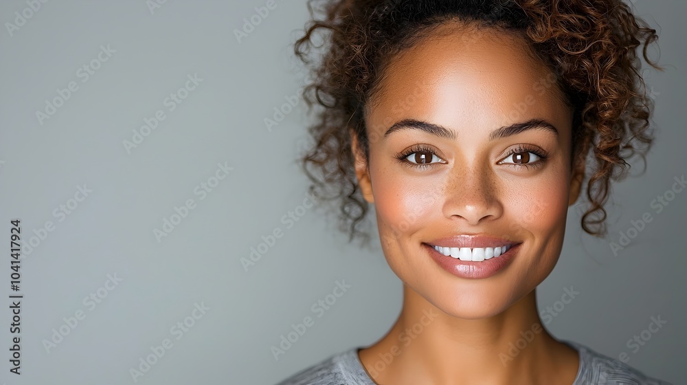 Portrait of a happy smiling African American woman with curly hair standing confidently against a plain white background She is wearing a casual t shirt and exuding a positive vibrant energy Portrait of a happy smiling African American woman with curly hair standing confidently against a plain white background She is wearing a casual t shirt and exuding a positive vibrant energy
