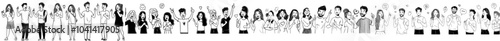 Various hand signs, gestures and emotions are shown in this illustration of different people. Outline, thin line art and hand drawn sketches are used to create a black and white ink style.