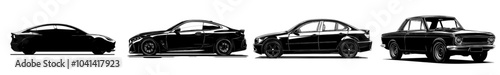 A hand drawn line art illustration of a sedan car in monochrome. A sedan car abstract silhouette on a white background.