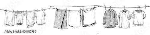 Clean linen and t-shirts are shown drying on a line in this sketch