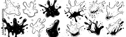 Water or paint puddles and blots shapes. Sprays of fluid. Black illustration isolated on white. Modern graphics isolated on white. Abstract monochromatic spots.