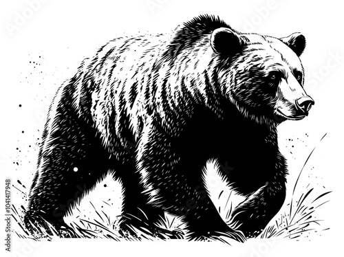 A side-view grizzly bear sketch in black and white, one of the most popular bear illustrations today.