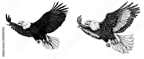 Sketch of an eagle flying, modern graphics monochrome illustration, engraving