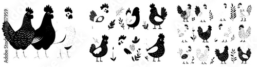 Handdrawn, minimal, monochrome linocut illustrations of colorful chickens and roosters that remind us of vintage children's books at the same time.