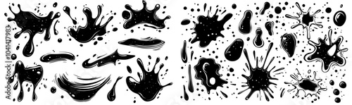 Illustration in hand drawing sketch doodle style. Abstract monochromatic spots with liquid drops and ink blots.