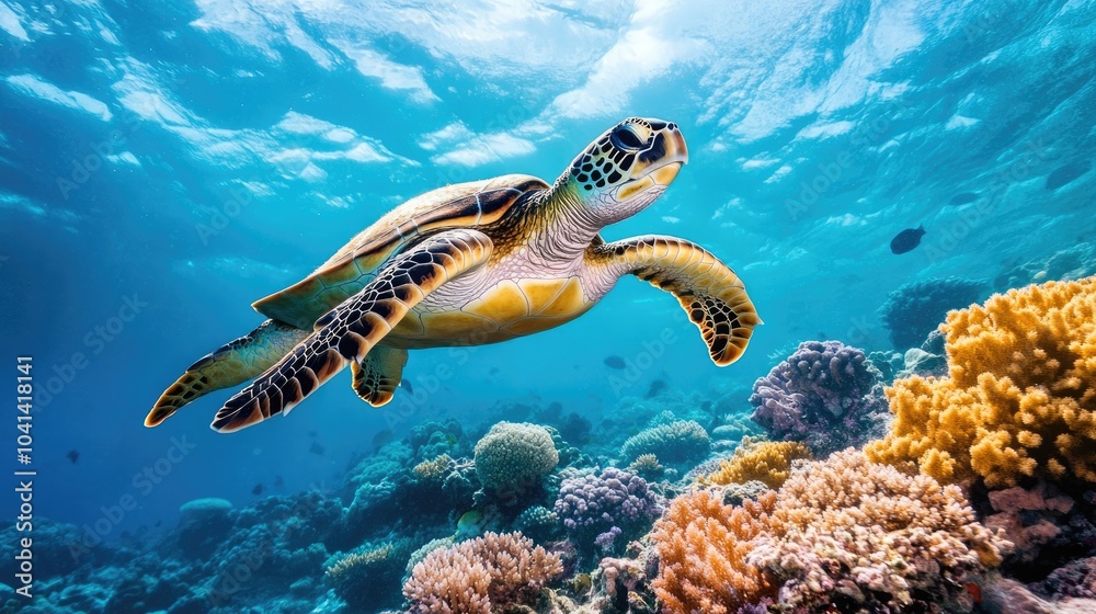 Obraz premium Graceful sea turtles playfully swim through vibrant coral reefs