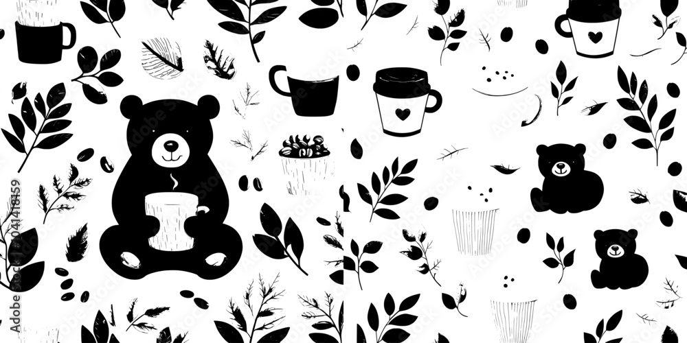 Civet palm cats in stylish trendy fabric design. Kopi Luwak with coffee surface pattern. Seamless background. Asian animals stylish trendy fabric design. Civet palm cats in stylish trendy fabric design. Kopi Luwak with coffee surface pattern. Seamless background. Asian animals stylish trendy fabric design.