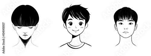 A puzzled young man with bowl haircut in monochromatic flat lines looks sideways. Editable outline avatar icon. 2D cartoon line spot illustration for web graphics and animation.