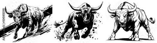 Modern illustration of a bull attacking a white background in one color