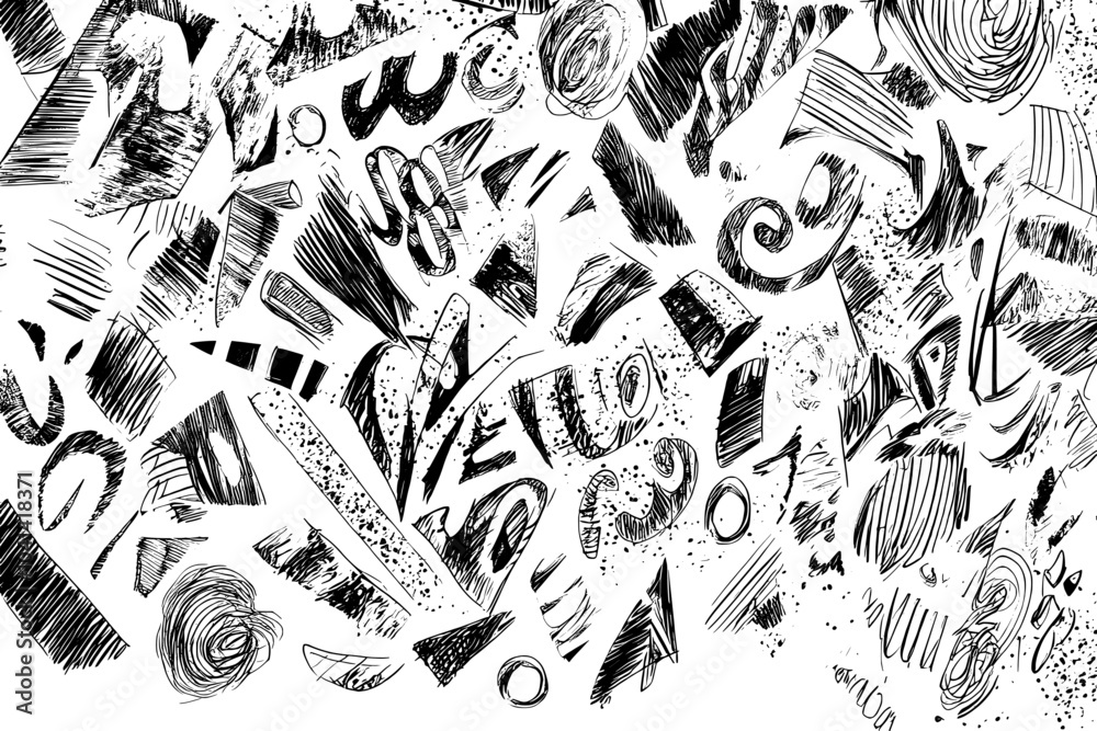 Hand drawn scribbles abstraction art on white background with ink lines stain hatching and hand drawn doodle scribble textures. Design for cards and postcards, posters and brochures.