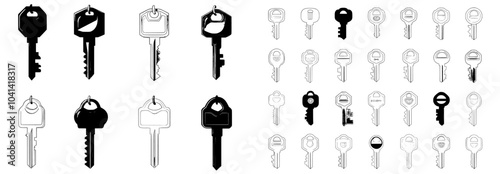 There are several types of door keys in this set. Metal items for opening and closing doors to apartments, homes and post boxes. There are long and short types, big and small types of keys.