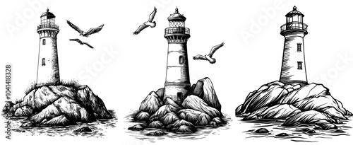 Modern engraving of a lighthouse on a rocky shore near the ocean in one color