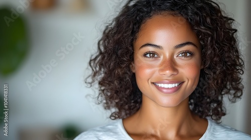 Portrait of a confident and cheerful young African American woman with curly hair standing with a bright smile and positive energy wearing a casual t shirt and posing against a clean white background