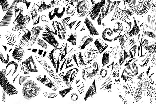 Hand drawn scribbles abstraction art on white background with ink lines stain hatching and hand drawn doodle scribble textures. Design for cards and postcards, posters and brochures.