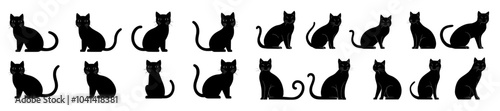 A cartoon illustration of a slim black cat logo. A monochrome flat illustration of a fluffy cat. Cats with black lines. Cat Simple Contour Drawing Logo.