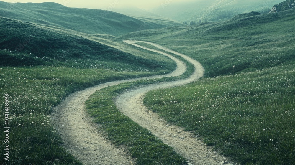 Fork in the road winding through a hilly terrain Fork in the road winding through a hilly terrain