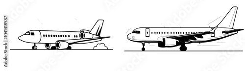 A plane flying in flat monochrome. Air travel in a passenger plane. Editable line art drawing. Simple outline spot illustration for web graphics.