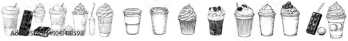 A collection of modern sketchy illustrations featuring desserts and sweet food along with paper cups of coffee