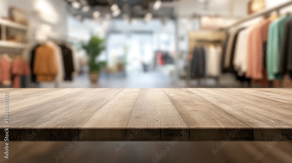 Empty tabletop or counter set against a blurred background of a clothing store Empty tabletop or counter set against a blurred background of a clothing store