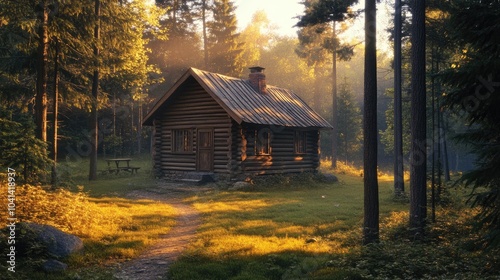 Discovering a secluded log cabin nestled in a tranquil forest clearing photo