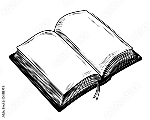 An open book with bookmarks is a flat monochrome object isolated on an empty background. Reading. Education. Simple outline spot illustration for web graphic design.
